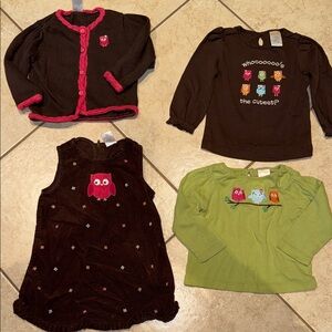 Gymboree Brown and Green Owl-Themed Kids Tops Set Sz 12-18 months